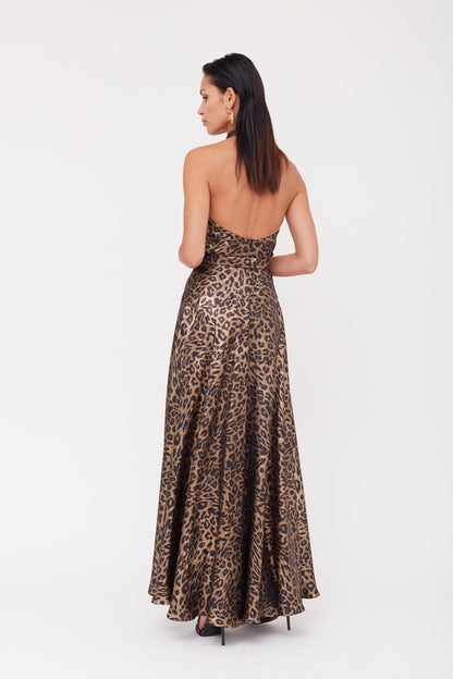 HELIDA Black Bronze Leopard Print Long Dress With Criss-Cross Neck