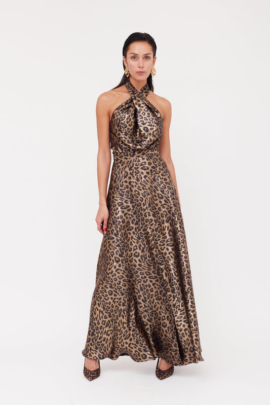 HELIDA Black Bronze Leopard Print Long Dress With Criss-Cross Neck