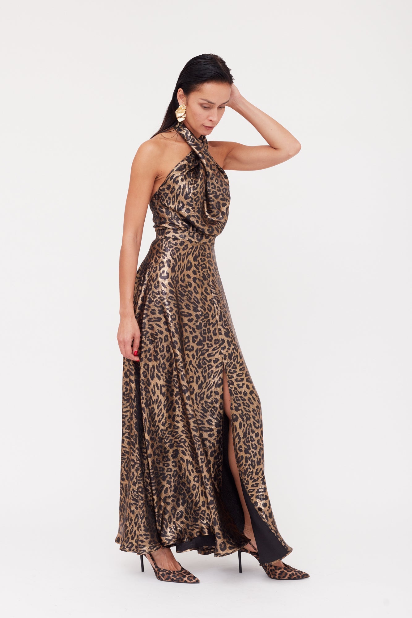 HELIDA Black Bronze Leopard Print Long Dress With Criss-Cross Neck