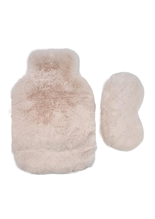 Faux Fur Hot Water Bottle and Eye Mask Set In Cream