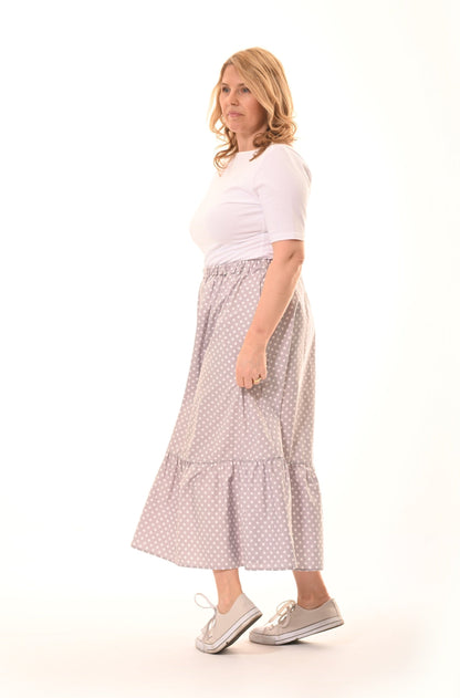 Boho Midi Skirt With Pockets In Grey Polka Dot