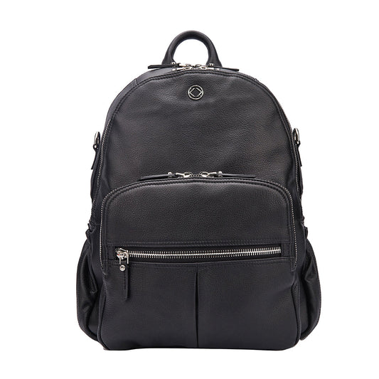 womens black leather backpack for work, travel and modern parenting 