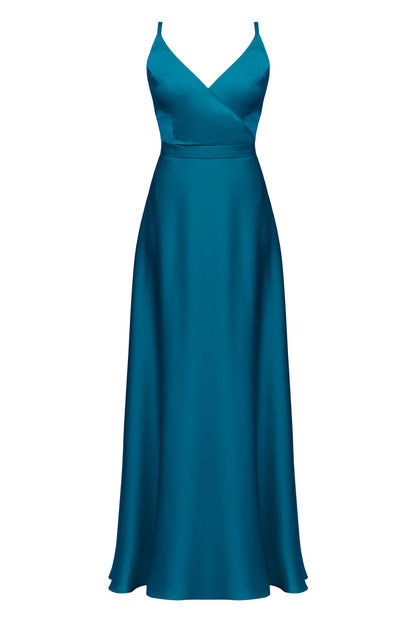 FREYA dark turquoise blue satin maxi evening dress