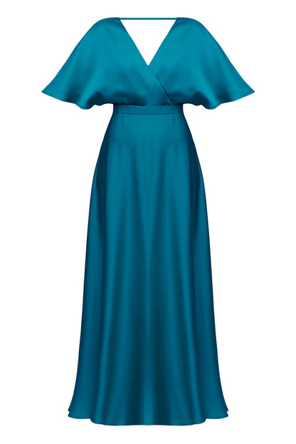 SOLENE dark turquoise satin maxi dress