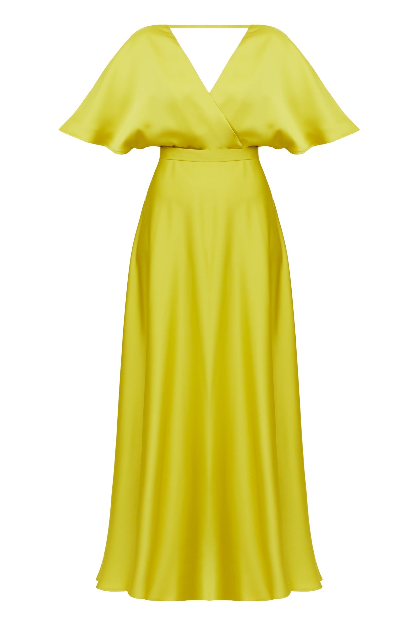 SOLENE lime green satin long evening dress with butterfly sleeves