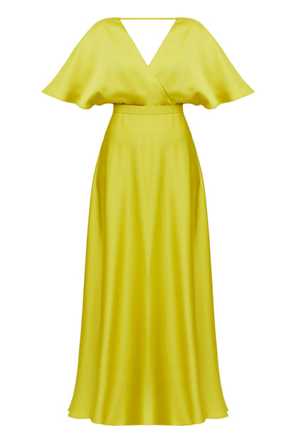 SOLENE lime green satin long evening dress with butterfly sleeves