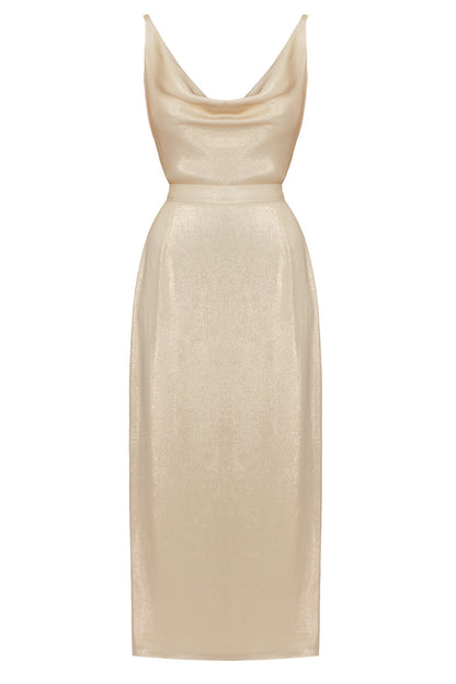 KAMEA beige gold open back midi dress