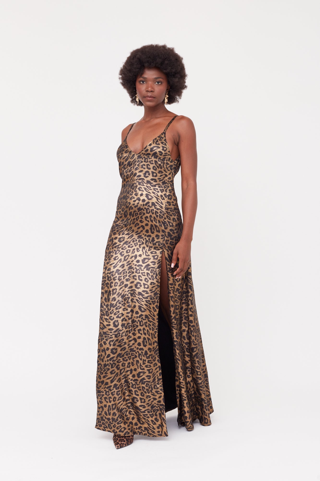 INES Leopard Metallic Fabric Long Open Back Dress