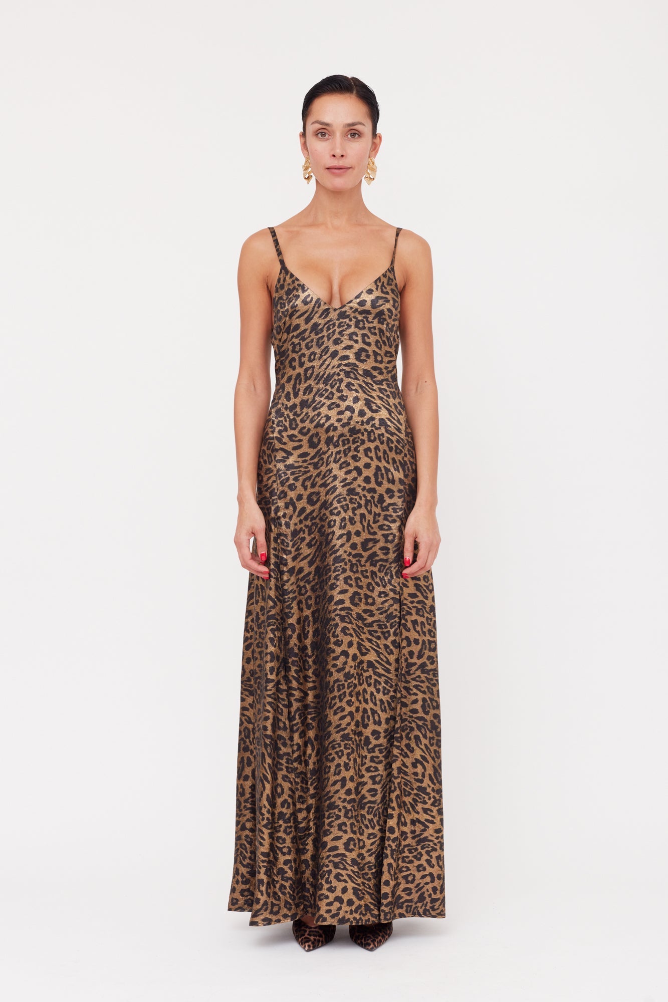 INES Leopard Metallic Fabric Long Open Back Dress