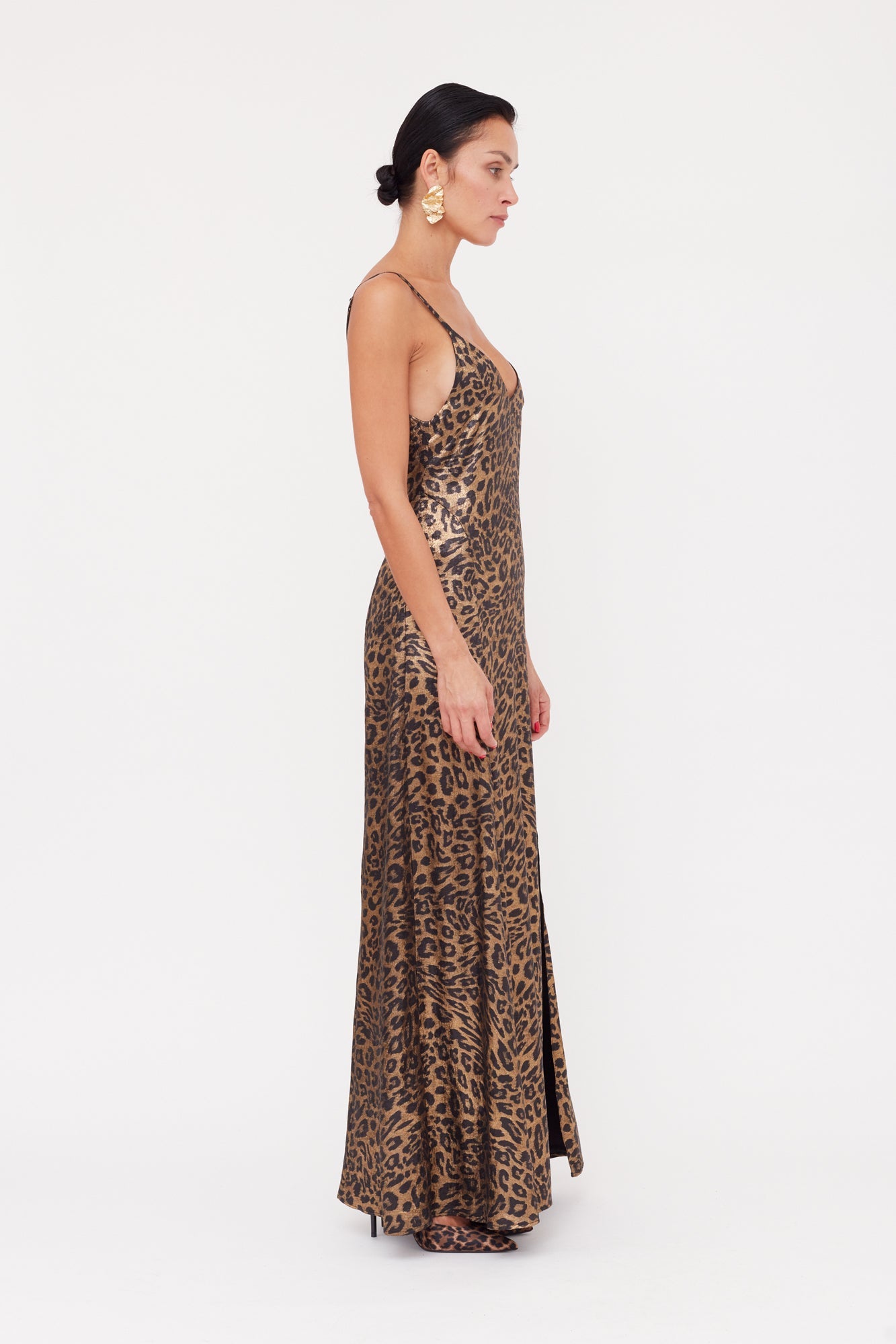 INES Leopard Metallic Fabric Long Open Back Dress