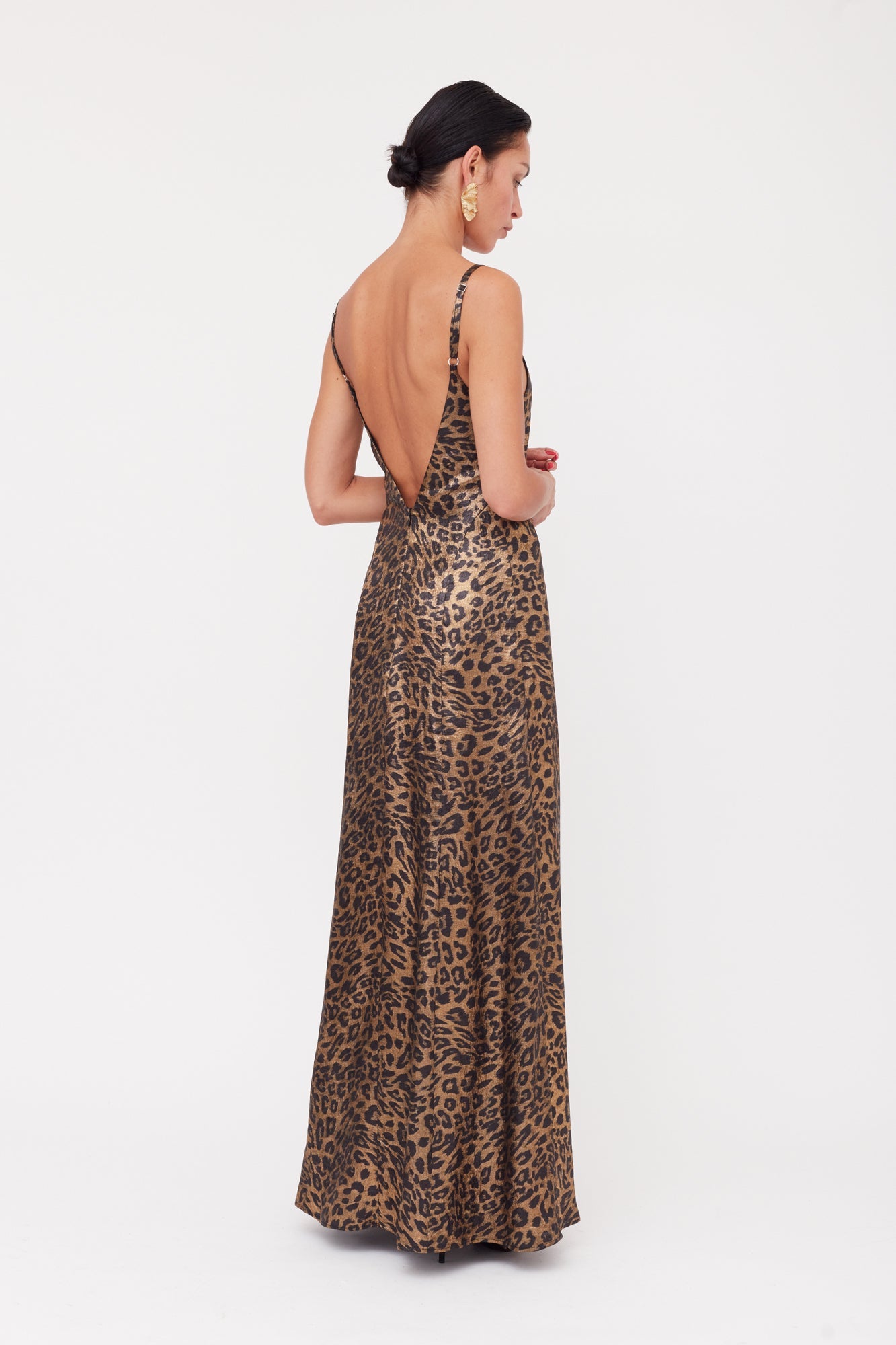 INES Leopard Metallic Fabric Long Open Back Dress