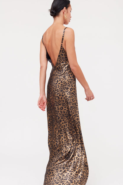 INES Leopard Metallic Fabric Long Open Back Dress