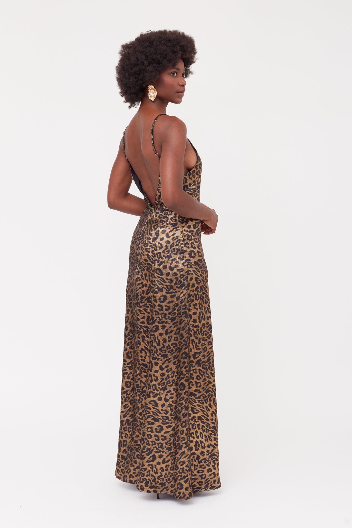 INES Leopard Metallic Fabric Long Open Back Dress