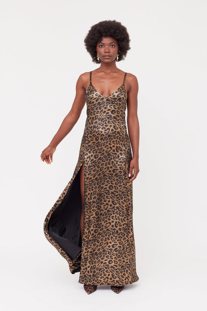 INES Leopard Metallic Fabric Long Open Back Dress