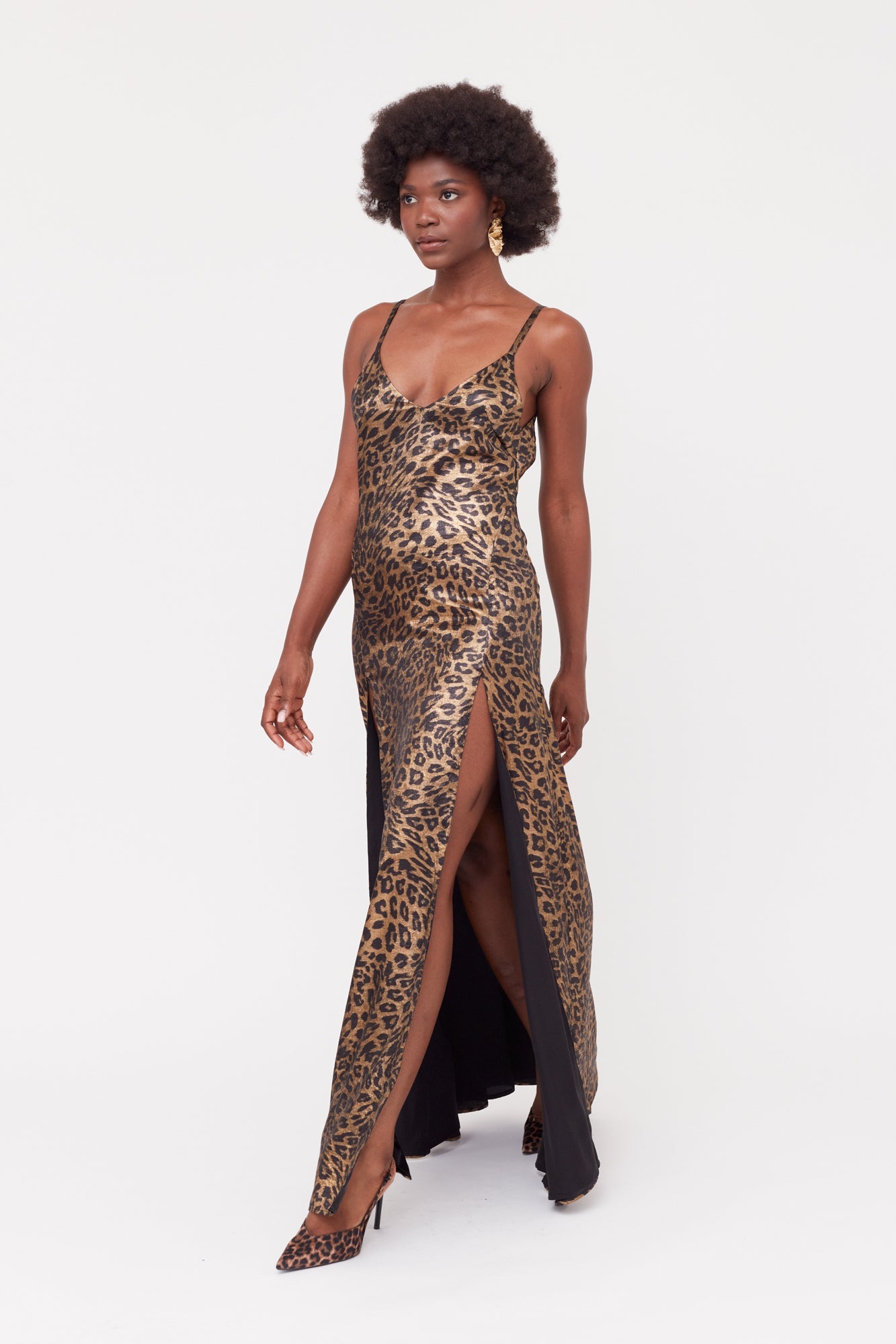 INES Leopard Metallic Fabric Long Open Back Dress