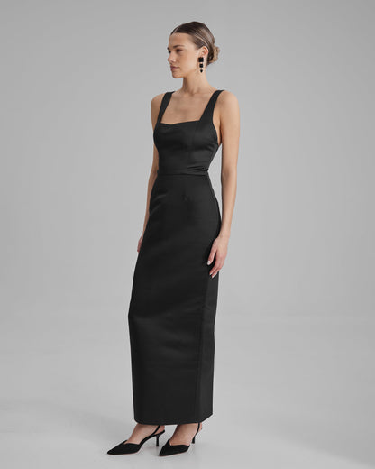 IDA DRESS | square neckline pencil maxi in black