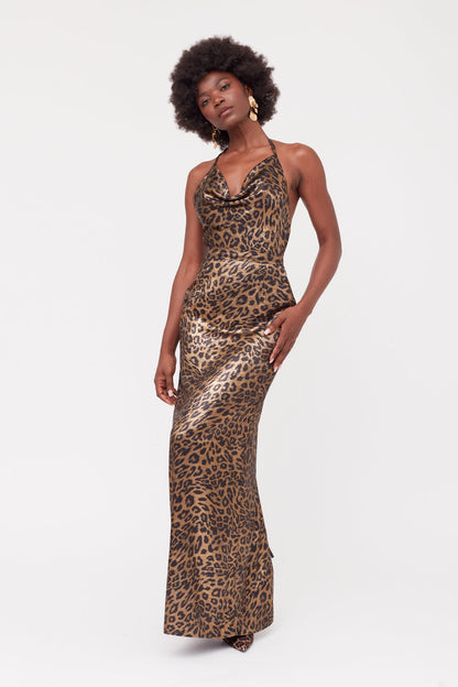 KALEA Animal Leopard Print Maxi Cowl Neck Dress