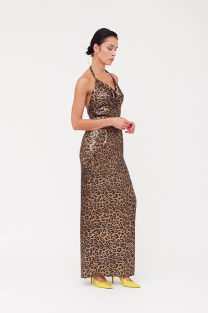 KALEA Animal Leopard Print Maxi Cowl Neck Dress