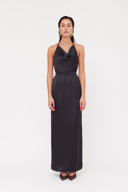 KALEA Black Satin Long Cowl Neck Dress