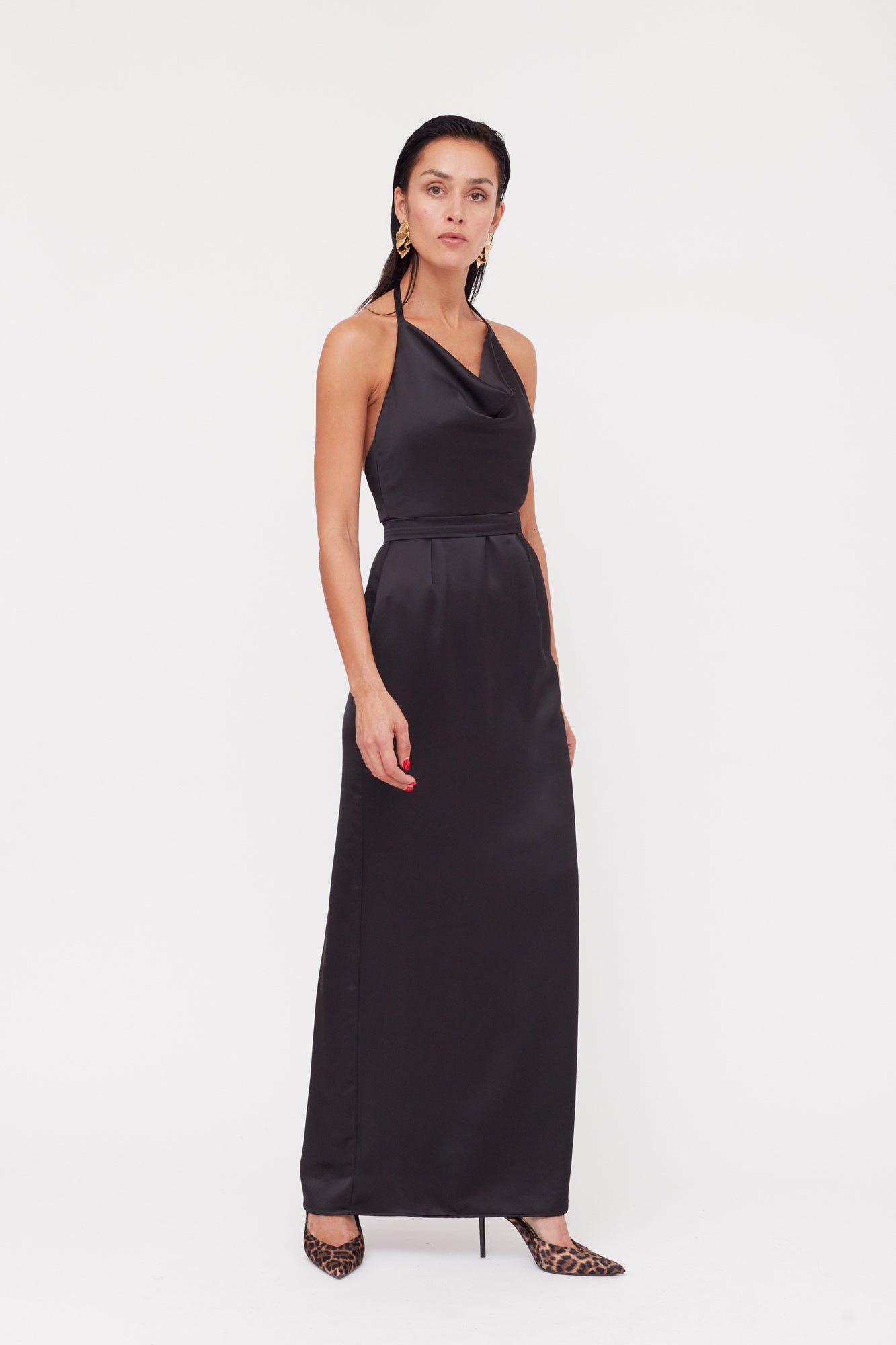 KALEA Black Satin Long Cowl Neck Dress