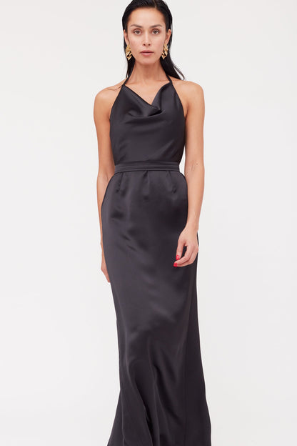 KALEA Black Satin Long Cowl Neck Dress