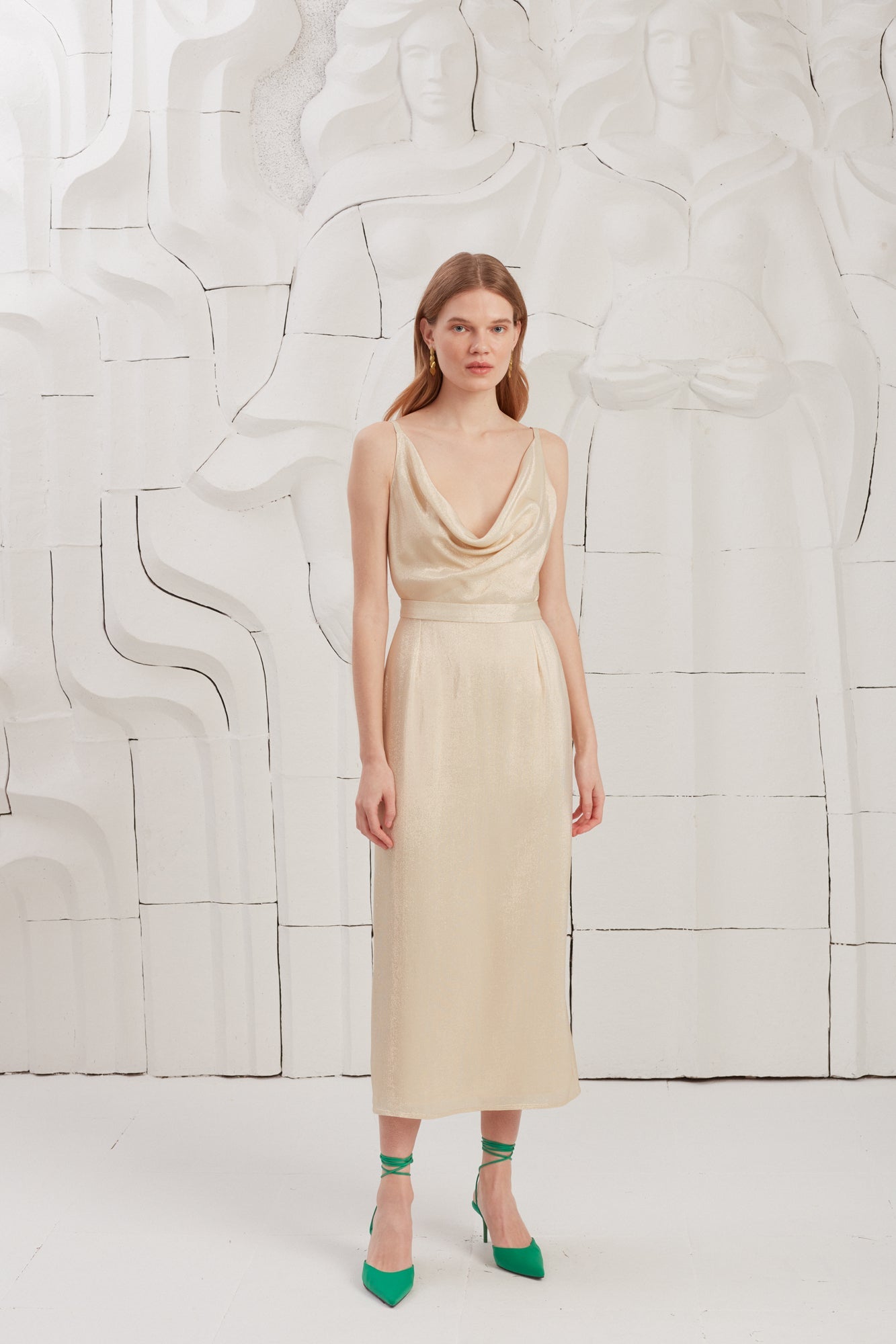 KAMEA Beige Gold Draped Front Open Back Midi Dress