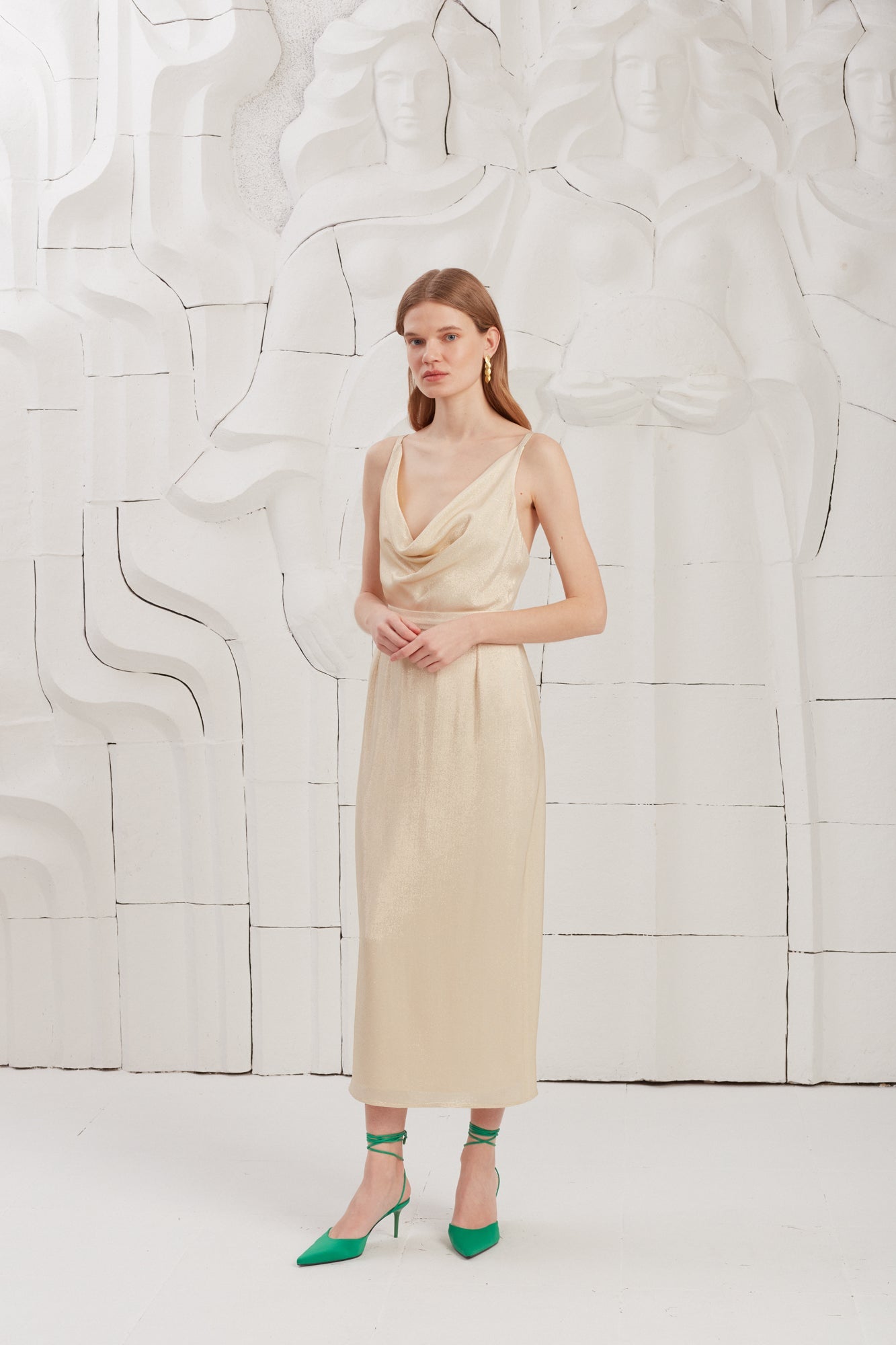 KAMEA Beige Gold Draped Front Open Back Midi Dress