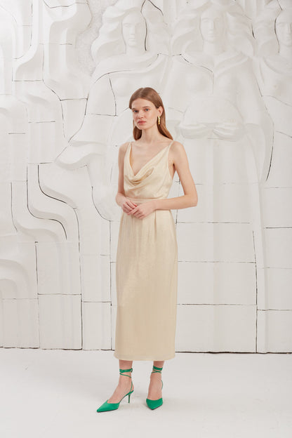 KAMEA Beige Gold Draped Front Open Back Midi Dress