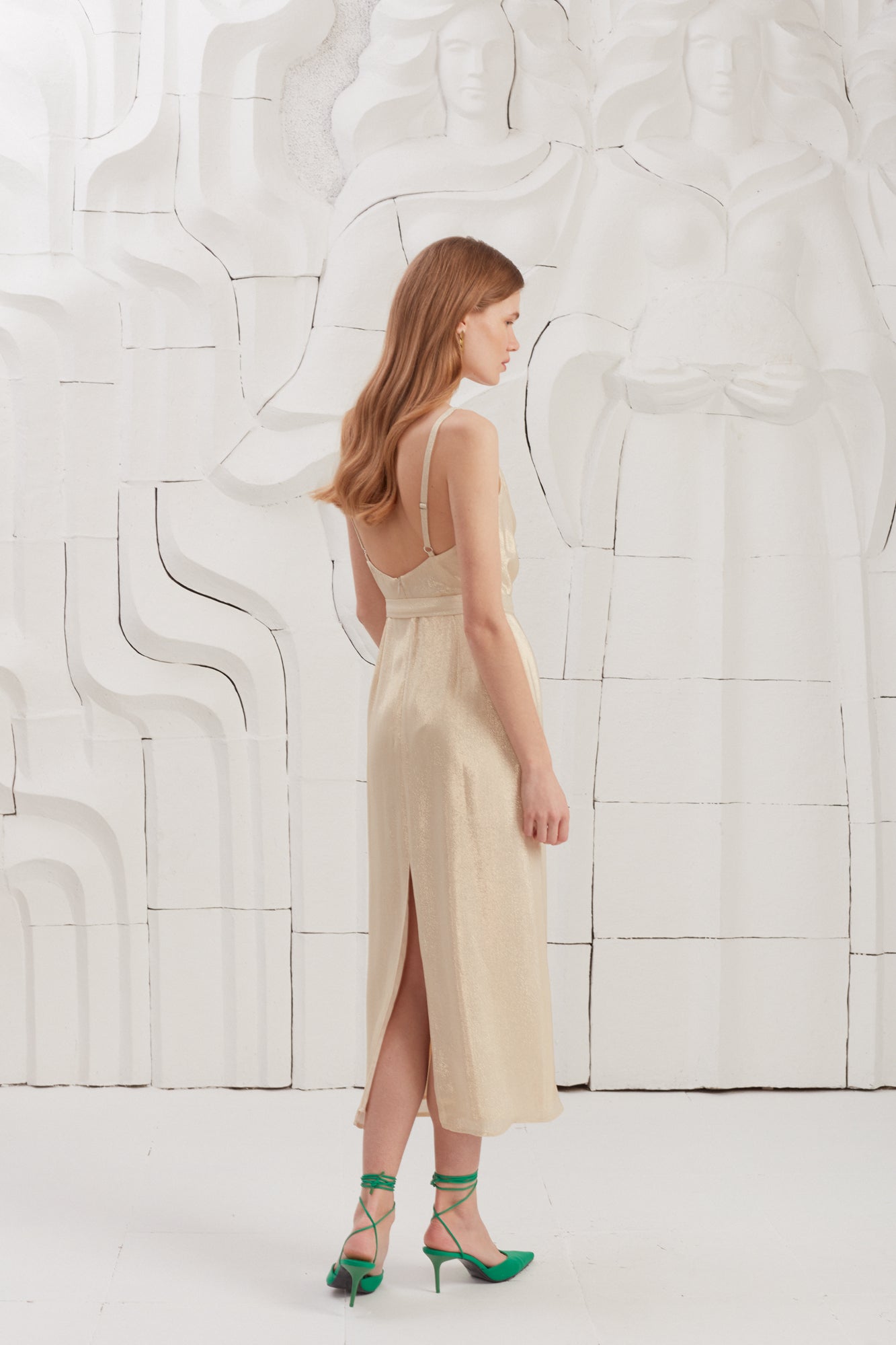 KAMEA Beige Gold Draped Front Open Back Midi Dress