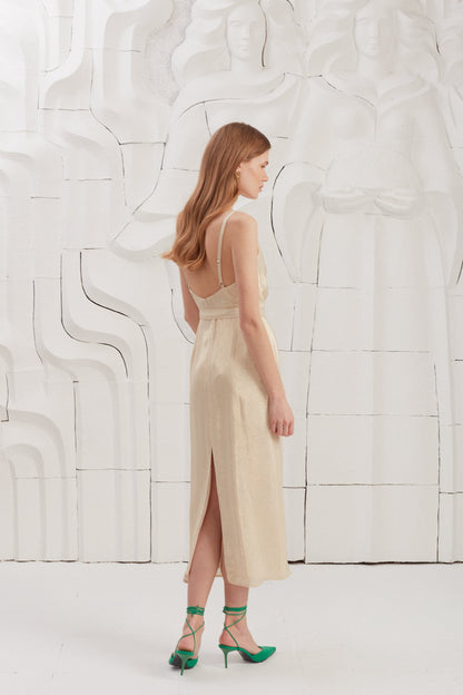 KAMEA Beige Gold Draped Front Open Back Midi Dress