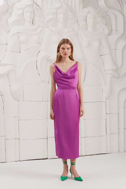 Magenta Pink Satin Draped Front Midi Dress