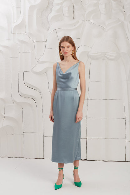 Stone Blue Draped Front Midi Dress