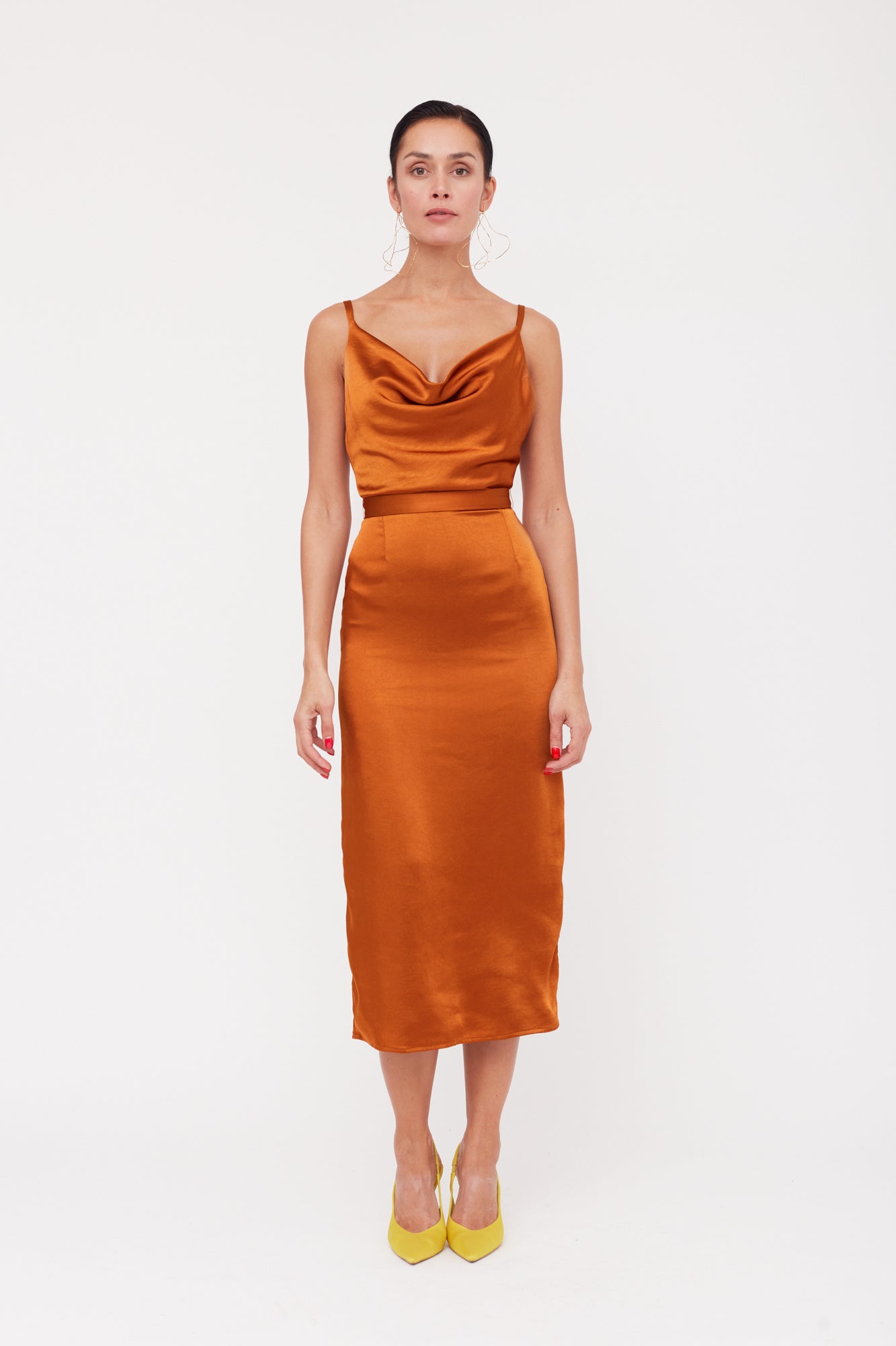 KAMEA Brown Satin Draped Front Dress