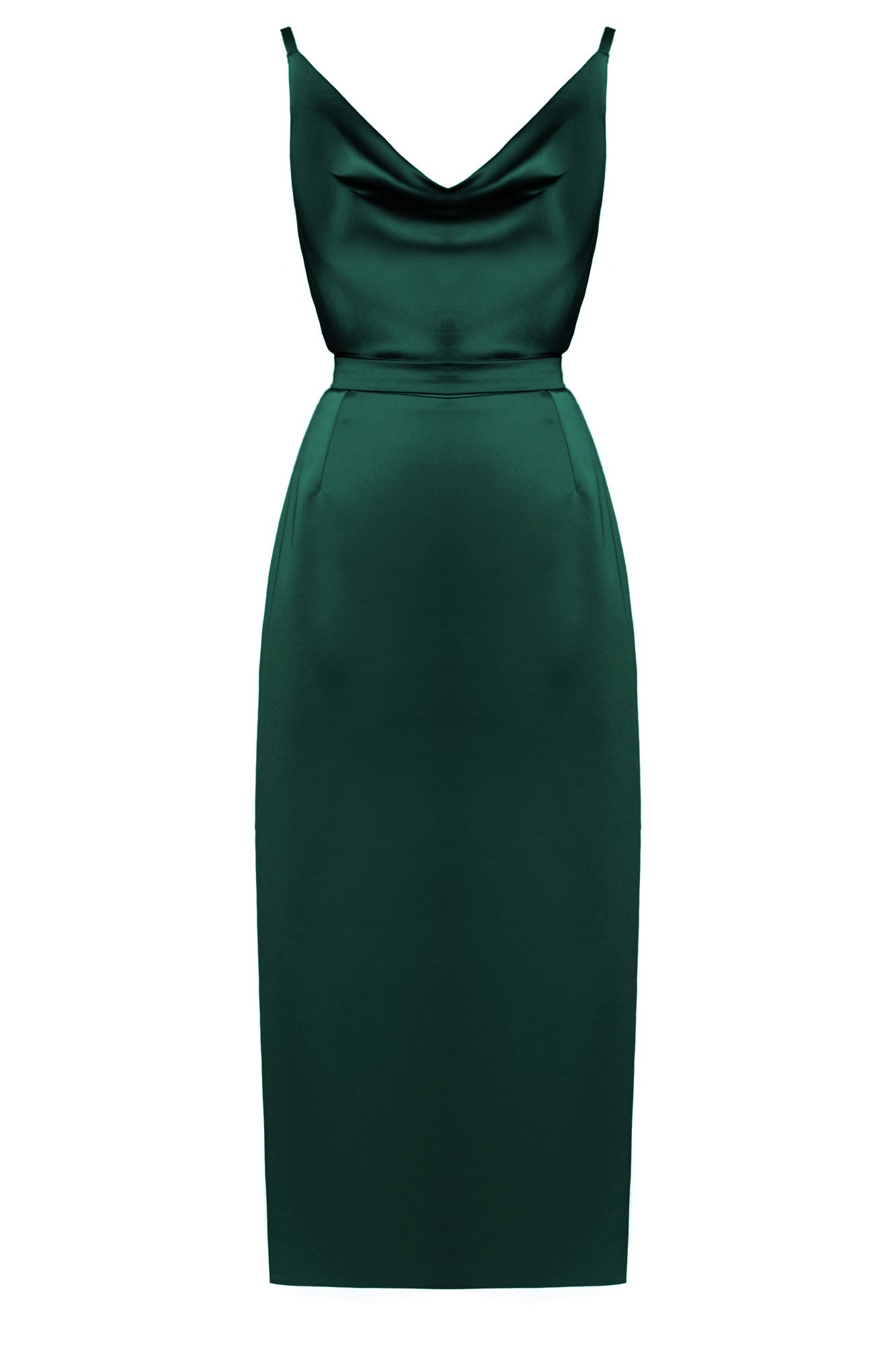 KAMEA Deep Green Satin Cowl Neck Cocktail Midi Dress