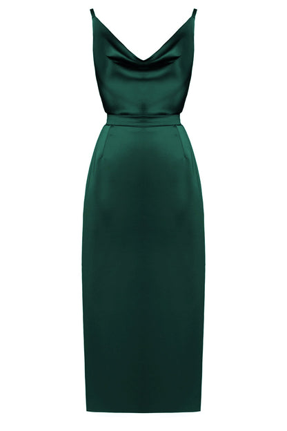 KAMEA Deep Green Satin Cowl Neck Cocktail Midi Dress