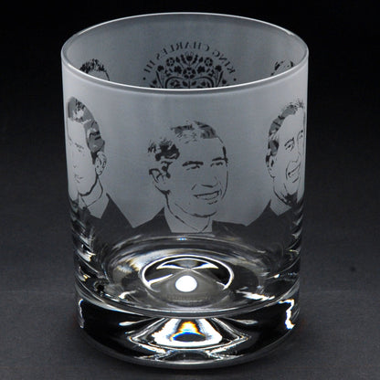 King Charles III Coronation Whiskey Tumbler Glass - Hand Etched/Engraved Gift