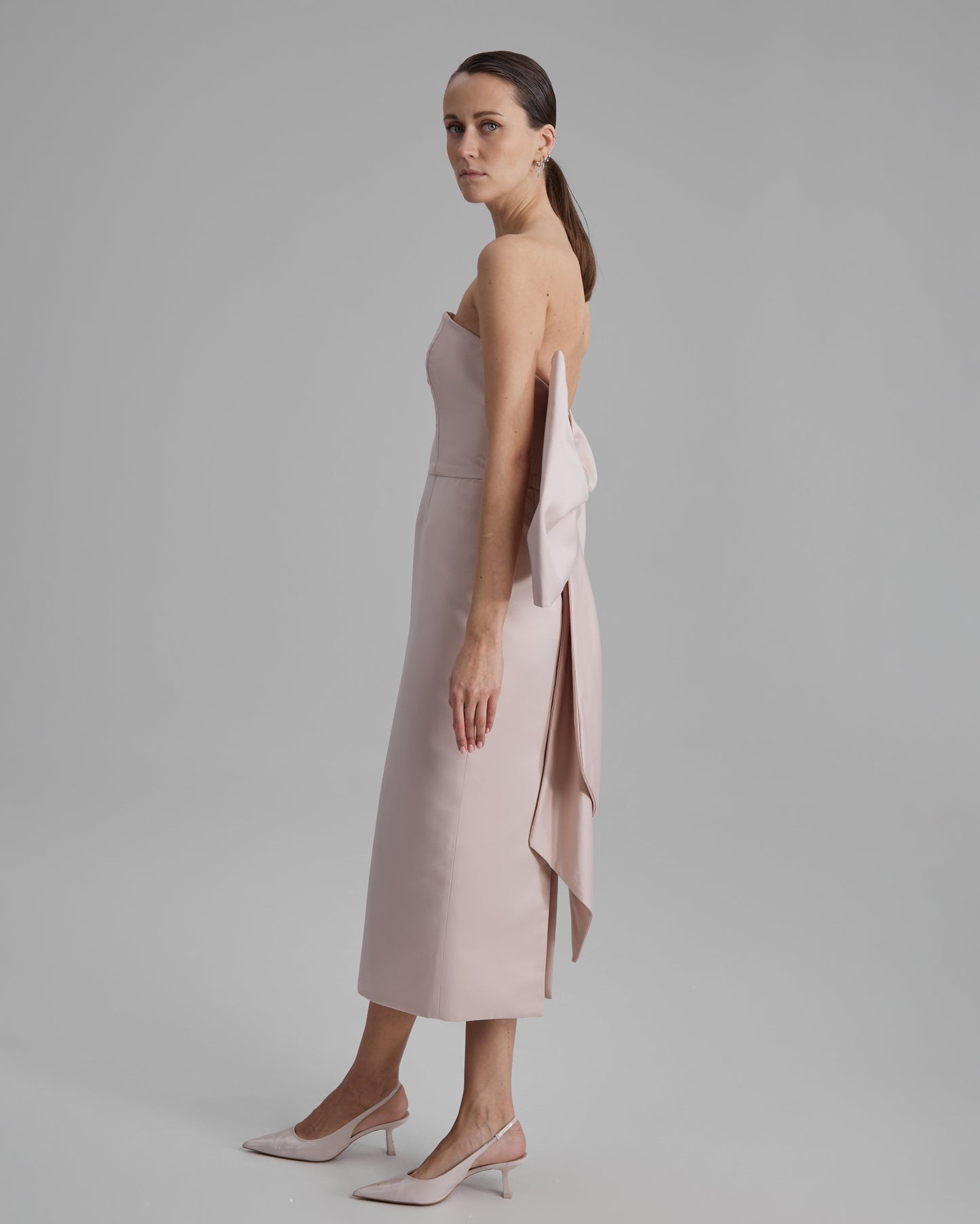 KIRA DRESS + BIG BOW | strapless pencil midi in apricot pink