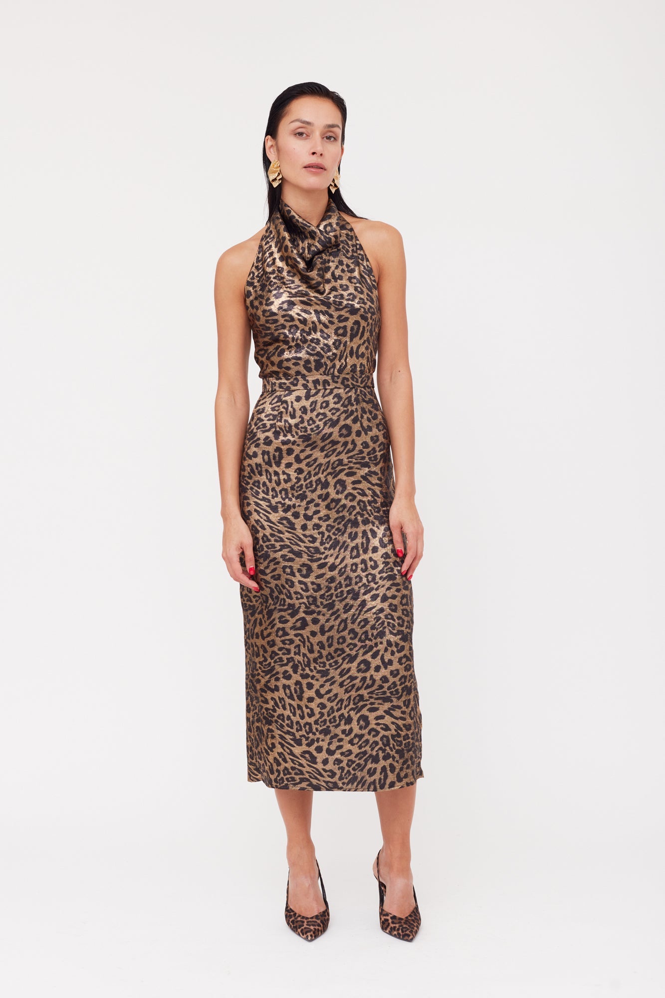 LARA Metallic Animal Print Midi Cowl Neck Dress