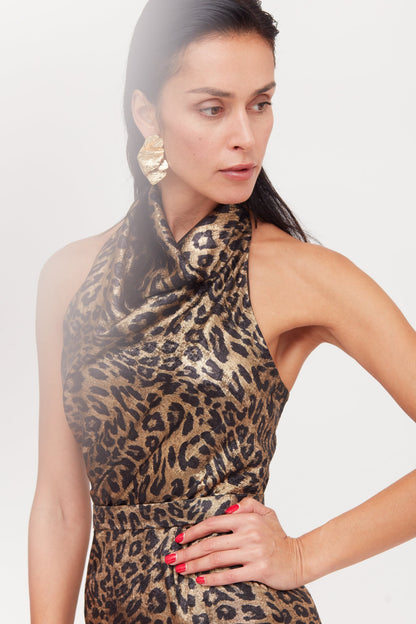 LARA Metallic Animal Print Midi Cowl Neck Dress