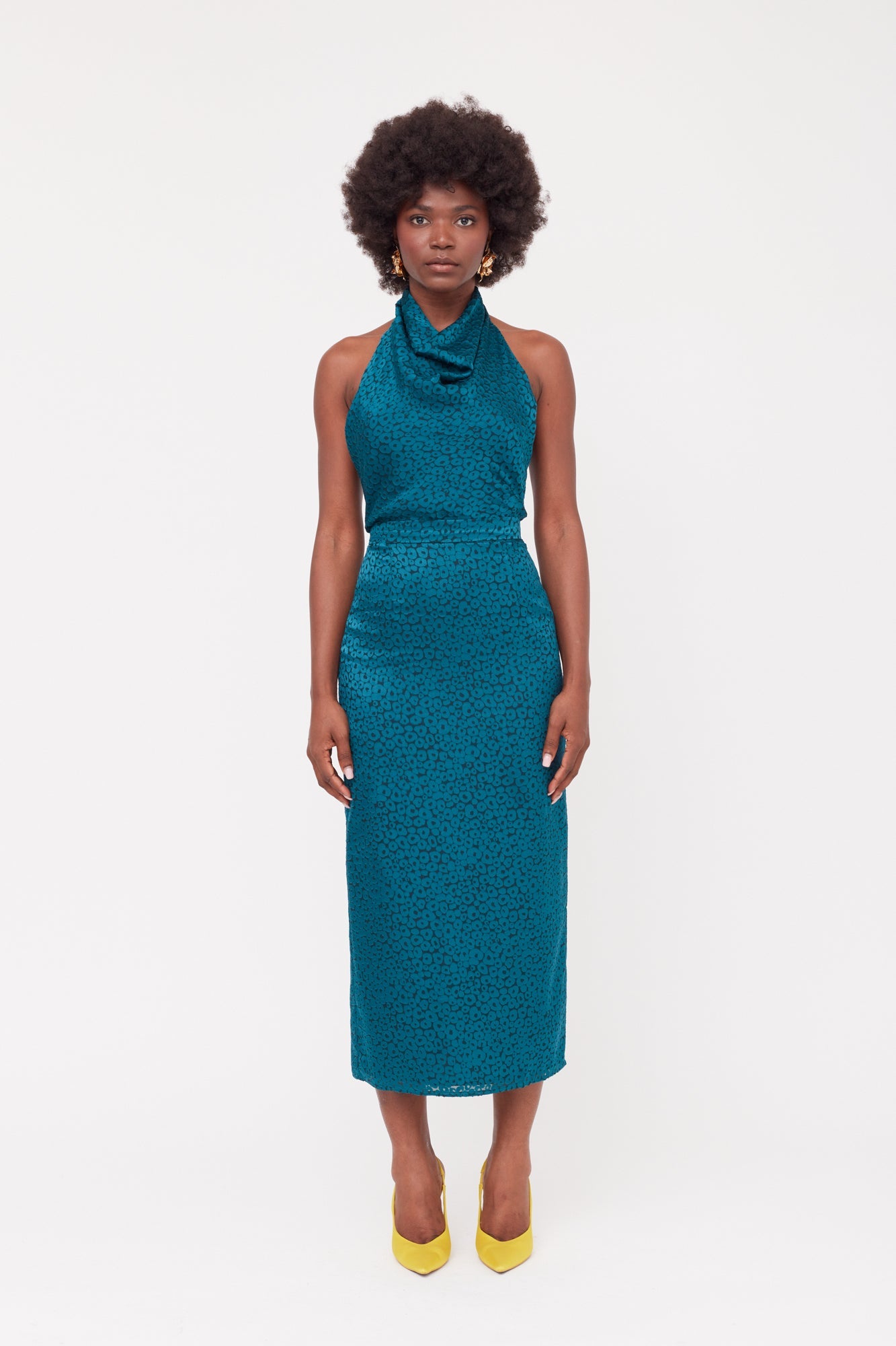 LARA Teal Blue Jacquard Fabric Midi Dress With Cowl Neck