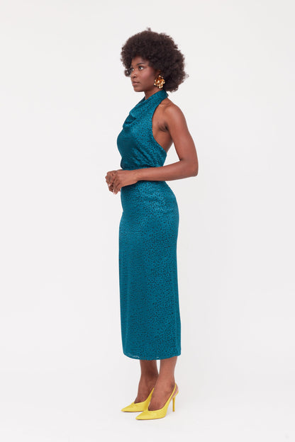 LARA Teal Blue Jacquard Fabric Midi Dress With Cowl Neck