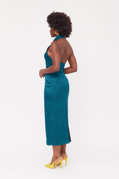 LARA Teal Blue Jacquard Fabric Midi Dress With Cowl Neck