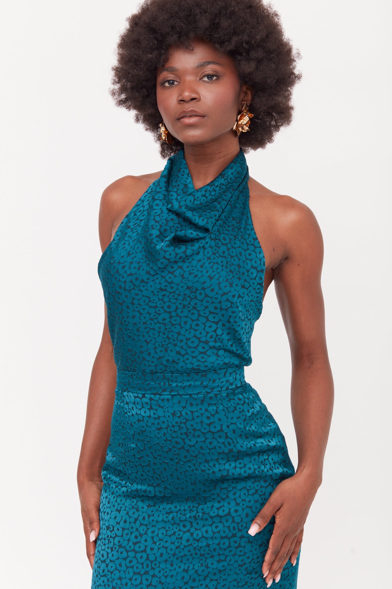 LARA Teal Blue Jacquard Fabric Midi Dress With Cowl Neck