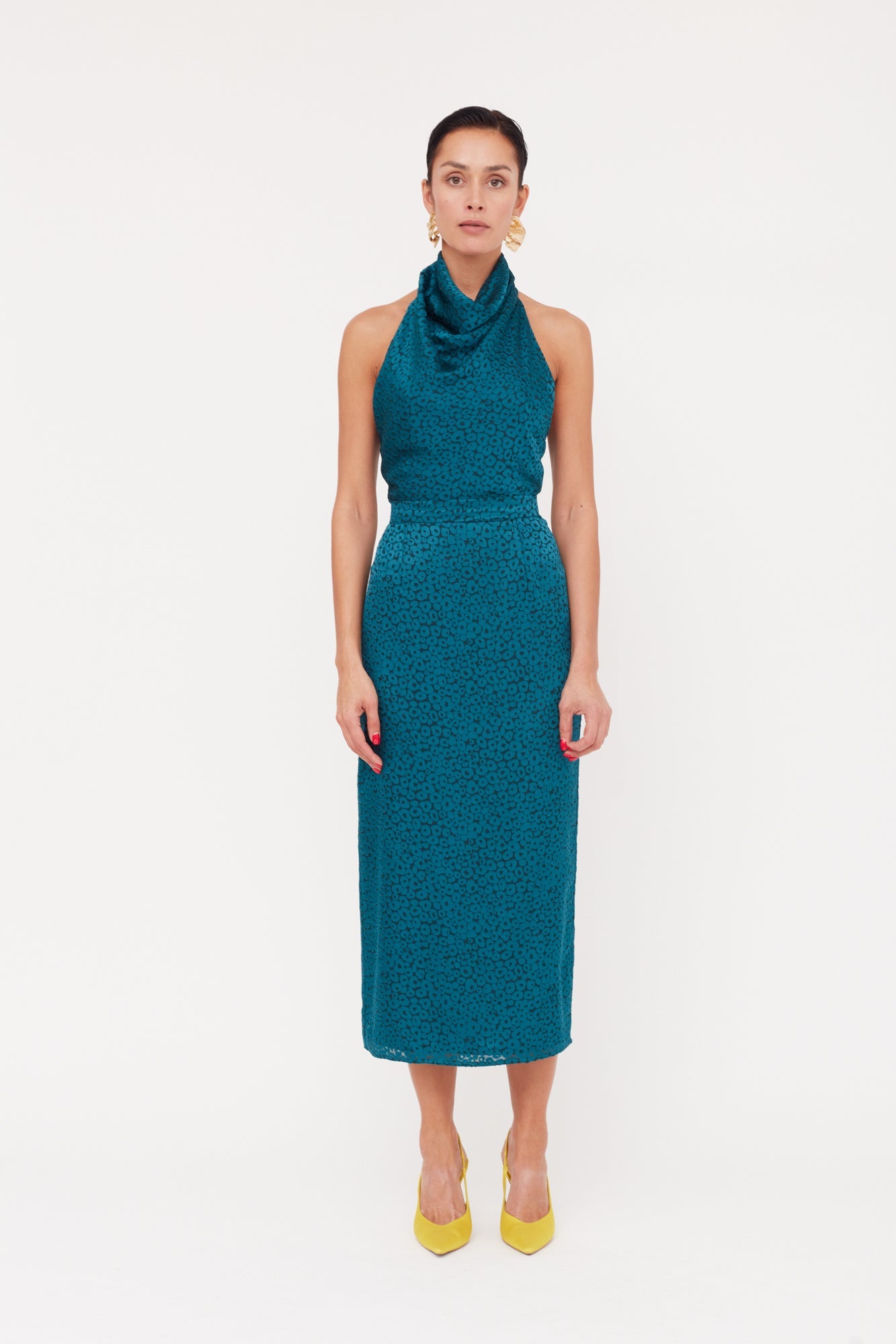 LARA Teal Blue Jacquard Fabric Midi Dress With Cowl Neck