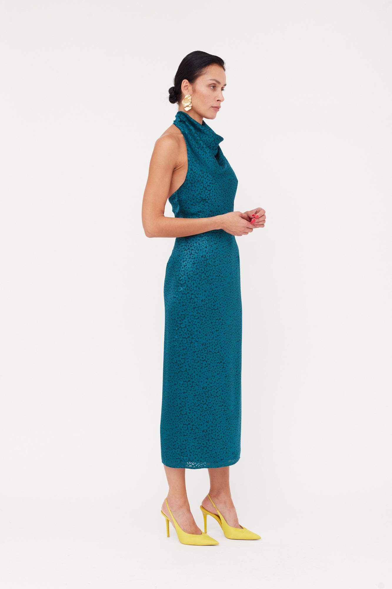 LARA Teal Blue Jacquard Fabric Midi Dress With Cowl Neck