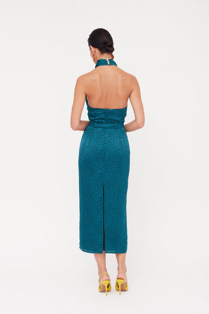 LARA Teal Blue Jacquard Fabric Midi Dress With Cowl Neck