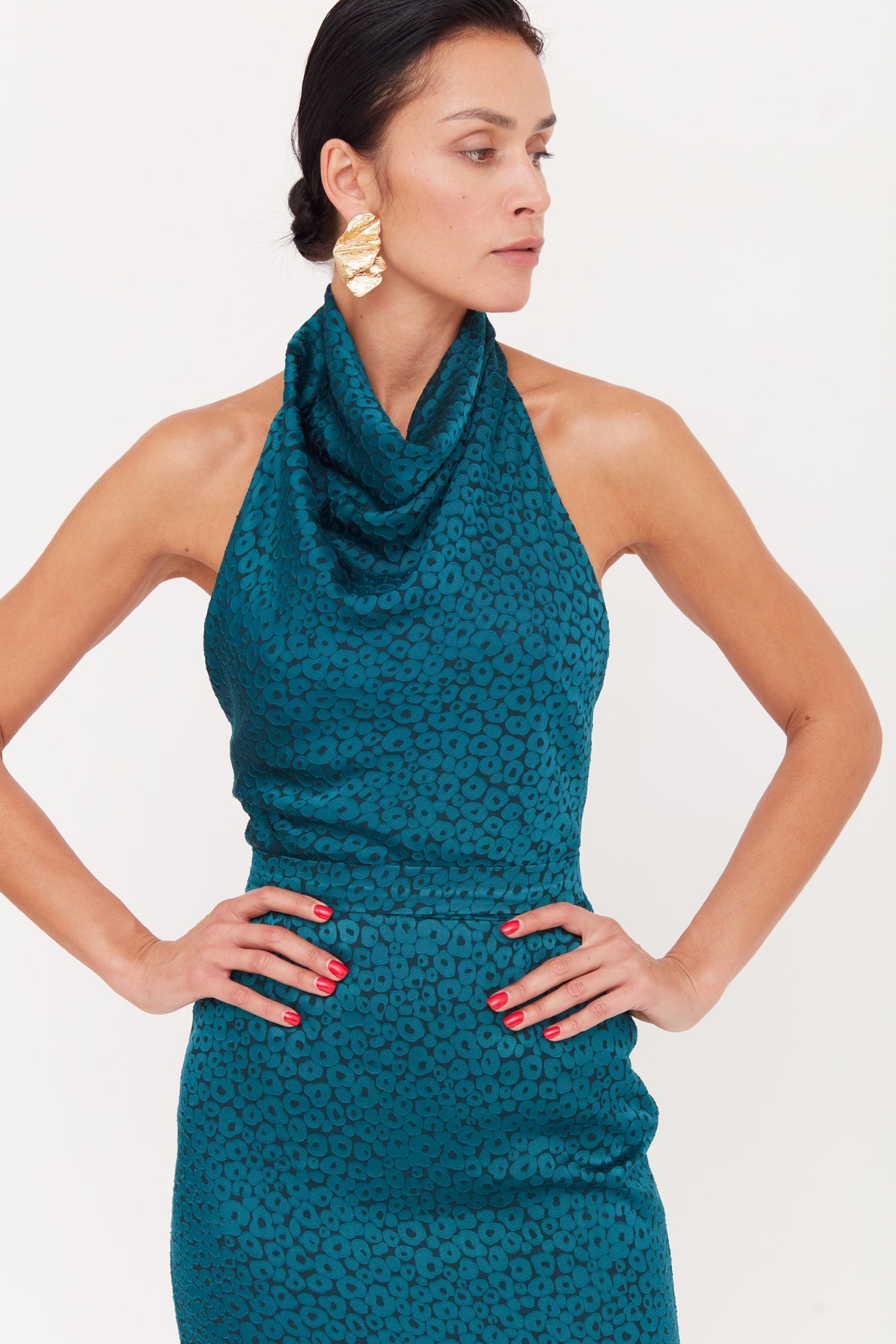 LARA Teal Blue Jacquard Fabric Midi Dress With Cowl Neck