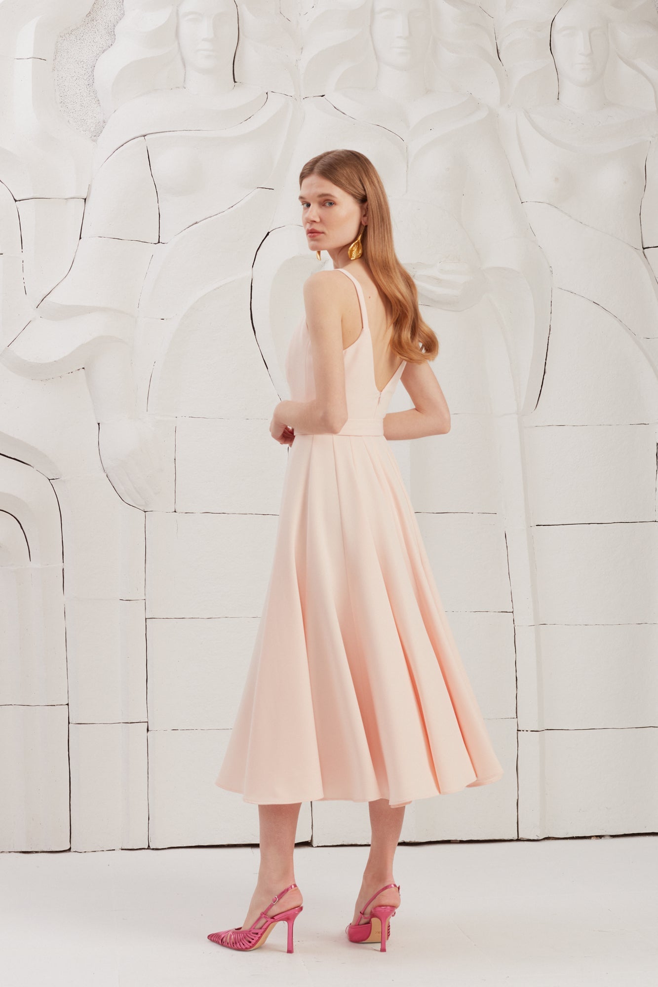 LINDA Pastel Pink Flared Godet Midi Dress