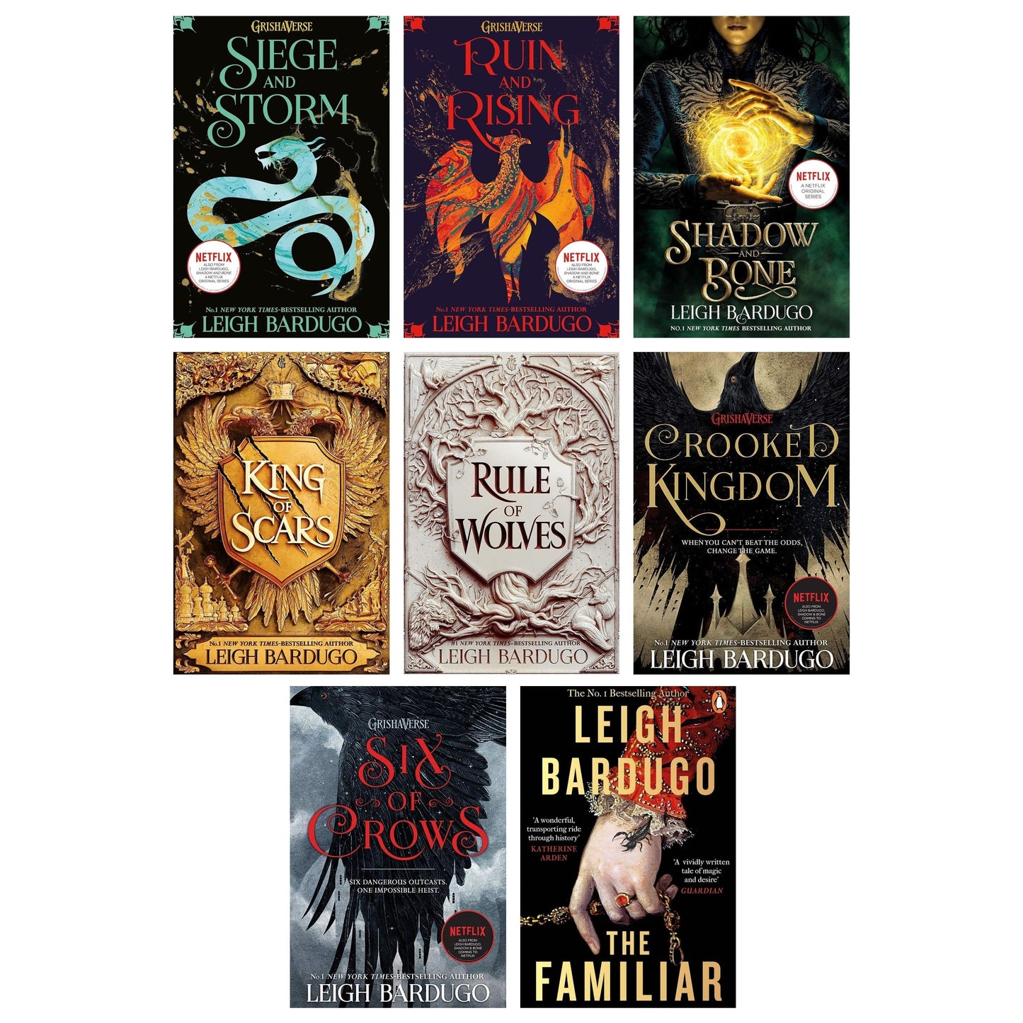 Leigh Bardugo 8 Books Collection Set (The Familiar, Shadow And Bone series, King of Scars duology, Six of Crows series)