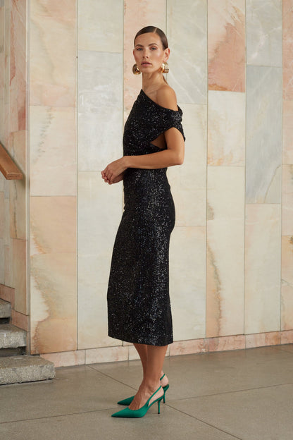 Black sequin asymmetric midi dress 